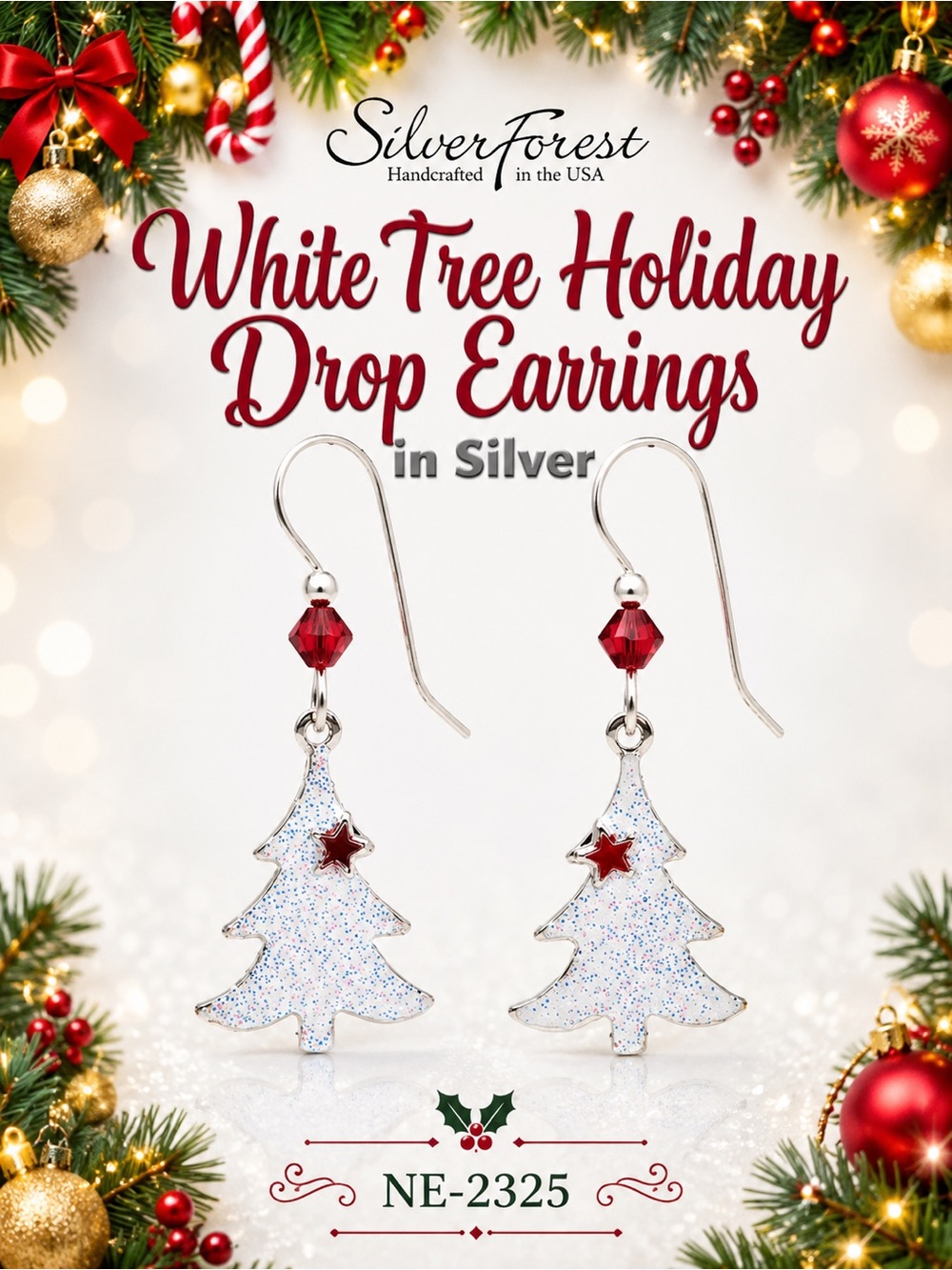 Silver Forest White Tree with Red Star Holiday Drop Earrings in Silver